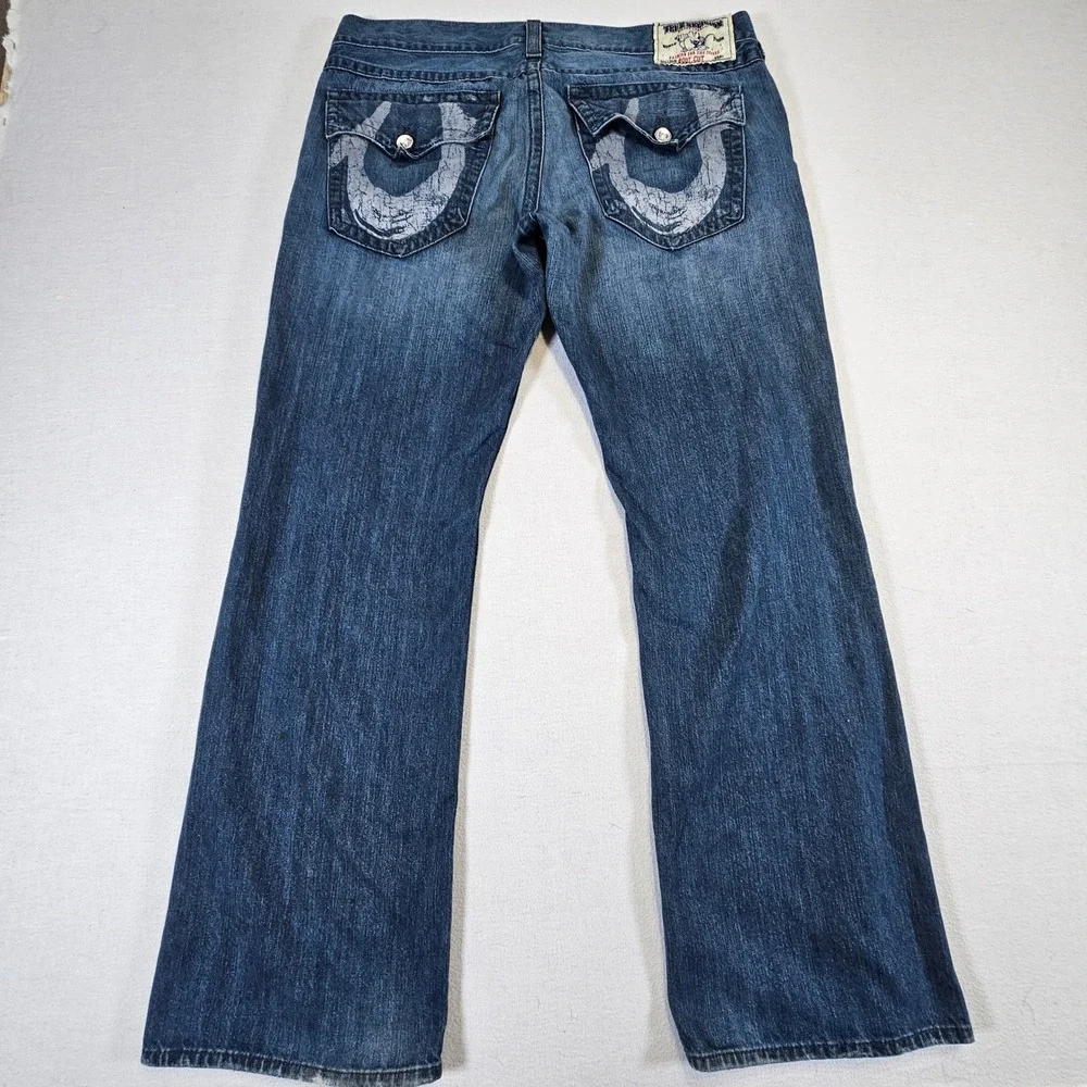 True Religion Mens Boot Cut Jeans Blue Distressed Graphic Back Pocket 40 USA